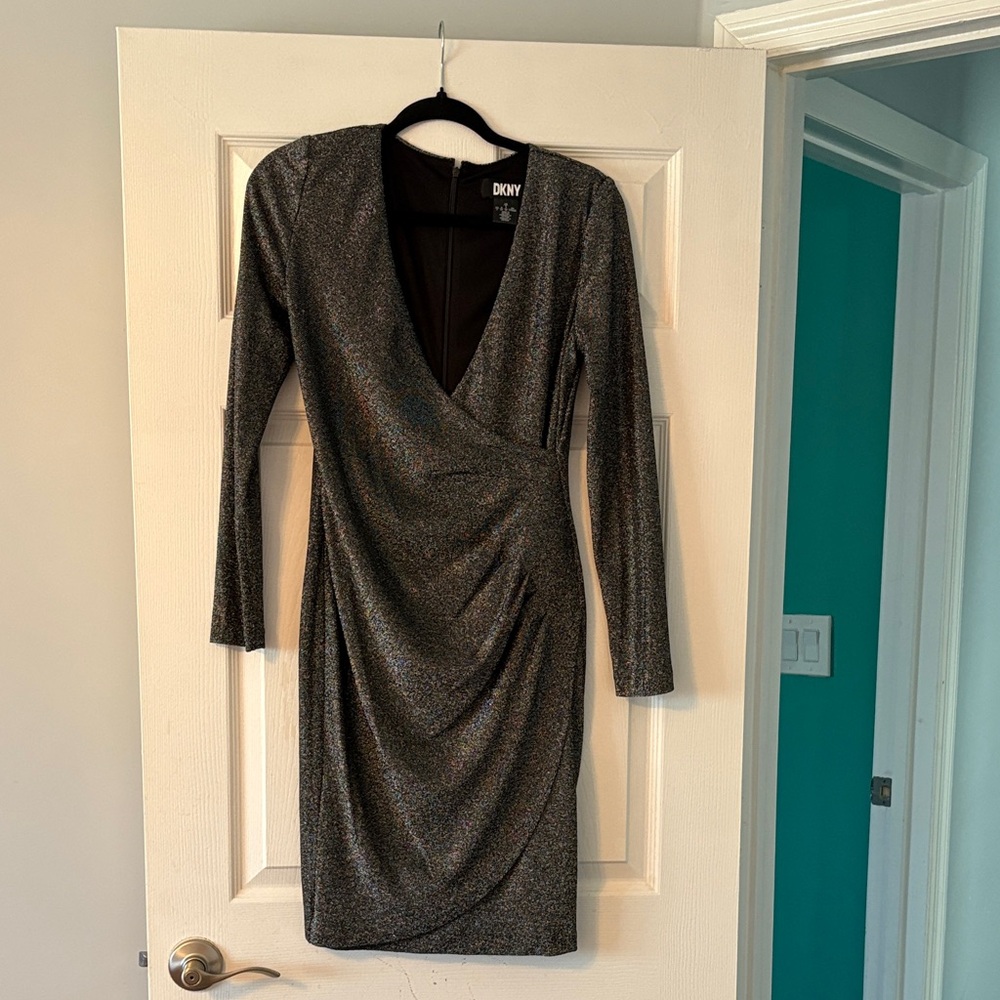DKNY Shimmering Gunmetal Wrap-Style Long Sleeve Dress